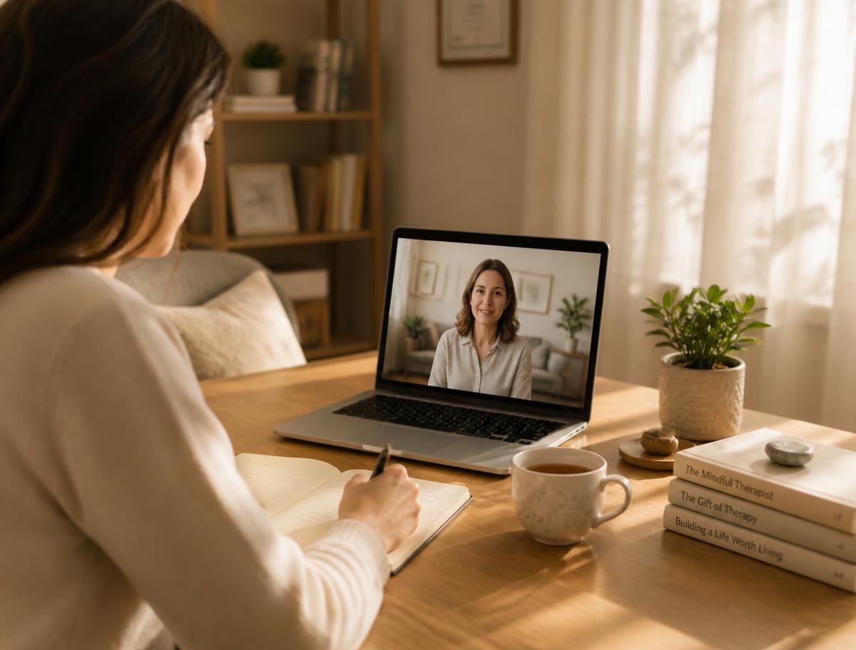 A warm, sunlit home office set up for a telehealth therapy session